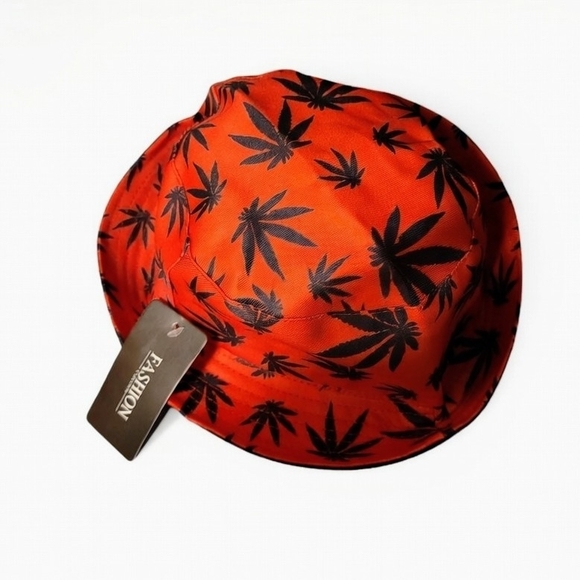 Other - Red Bucket Hat with Black Leaf Print